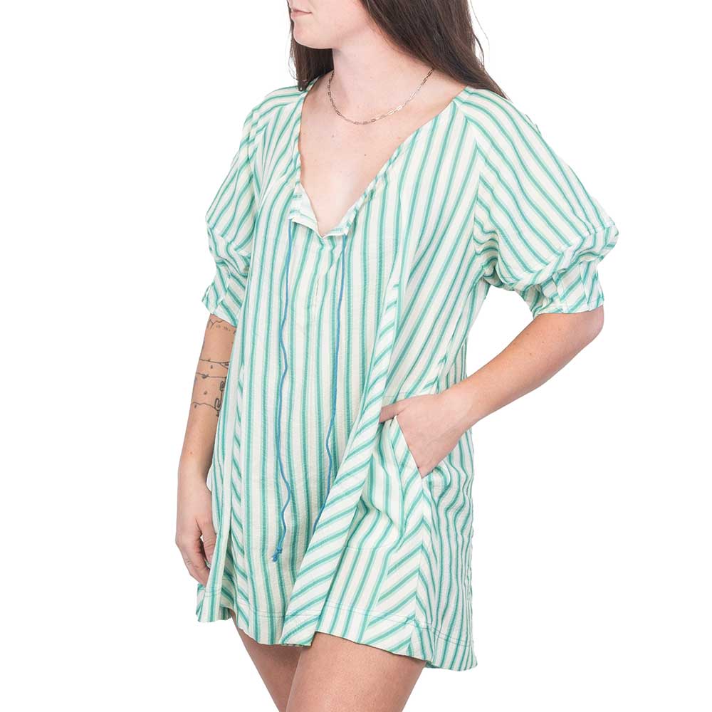 Striped Front Tie Romper - Green