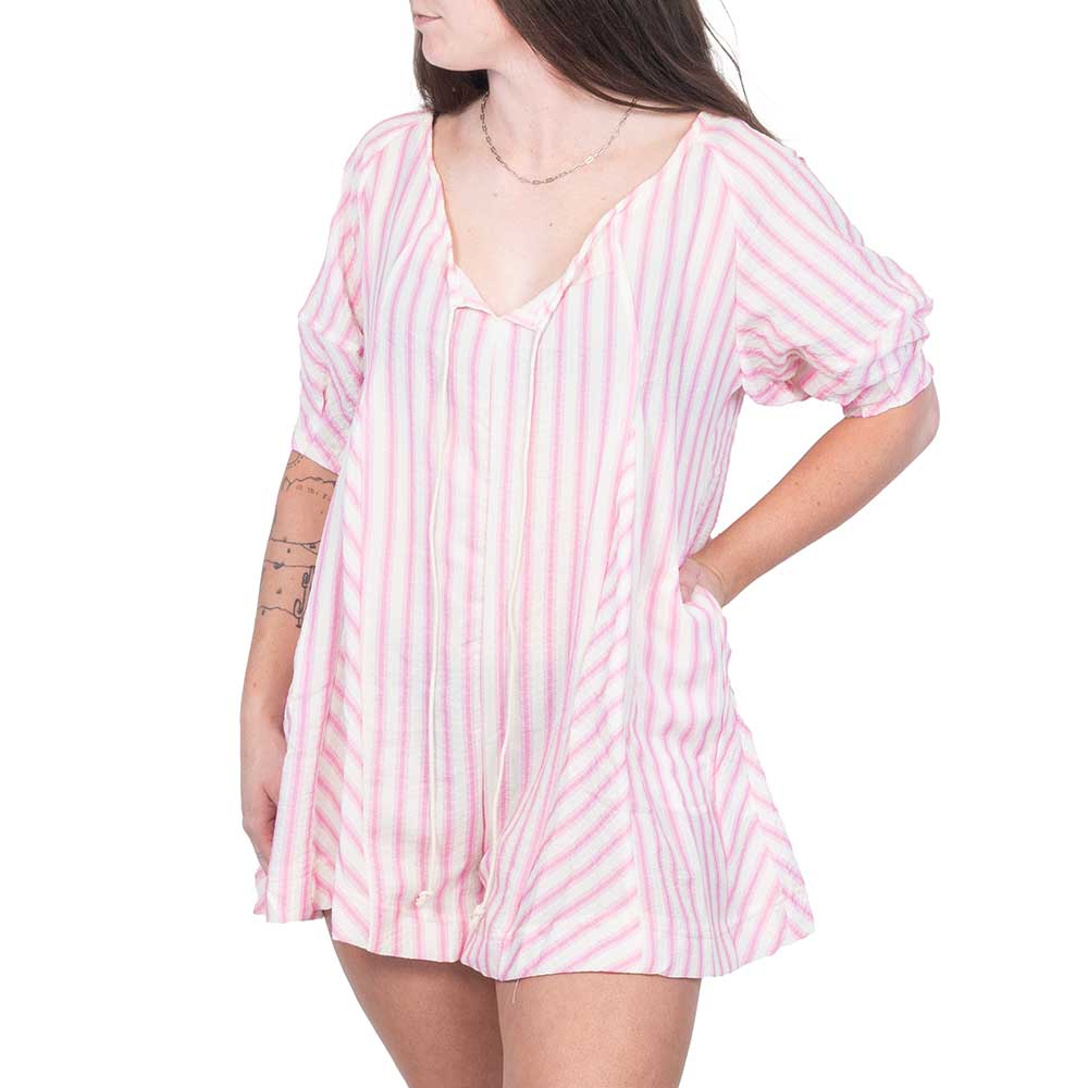 Striped Front Tie Romper - Pink