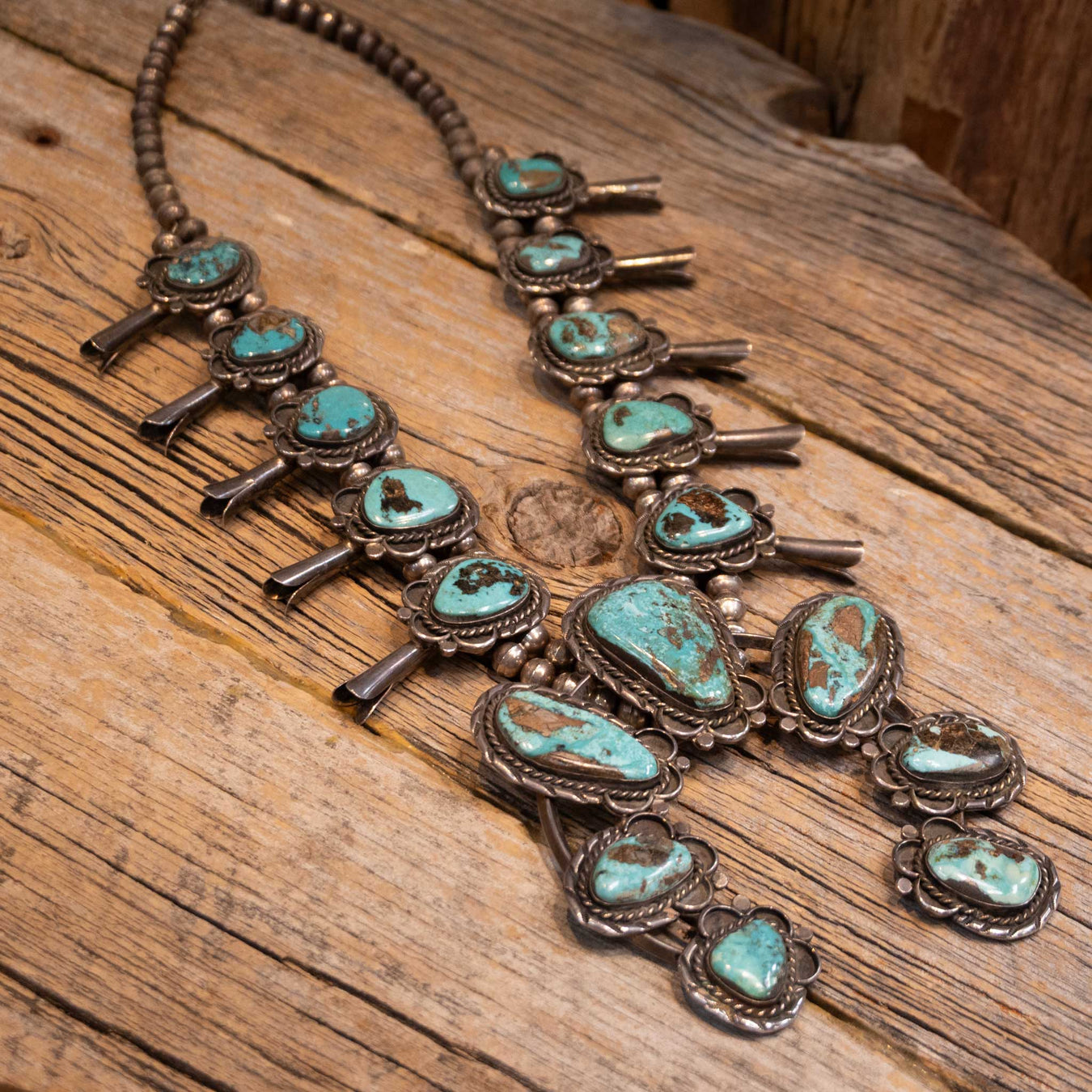 1970's Fantastic Large Sterling Silver 17 Big Turquoise Stones Squash Blossum Necklace WOMEN - Accessories - Jewelry - Necklaces MISC