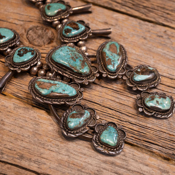 1970's Fantastic Large Sterling Silver 17 Big Turquoise Stones Squash Blossum Necklace