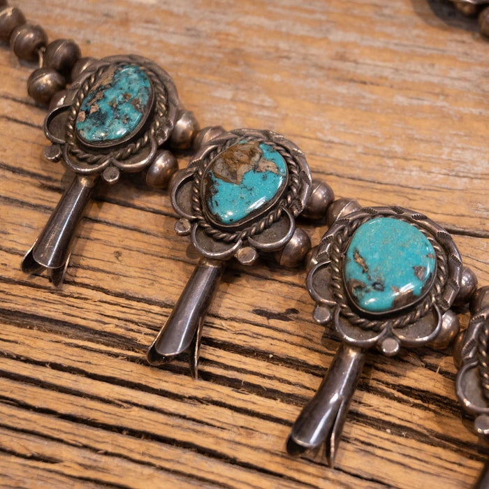 1970's Fantastic Large Sterling Silver 17 Big Turquoise Stones Squash Blossum Necklace