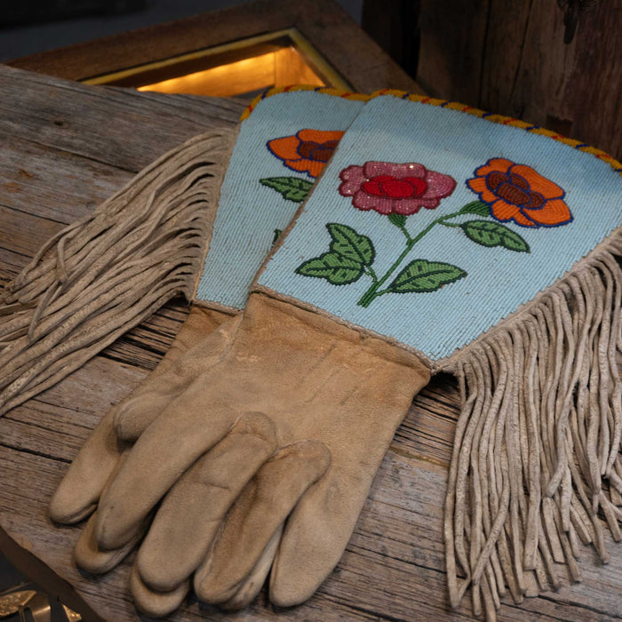 Early 1910 Beaded Gauntlets with Traditional Rose Motiff Brain tanned leather with great fringe