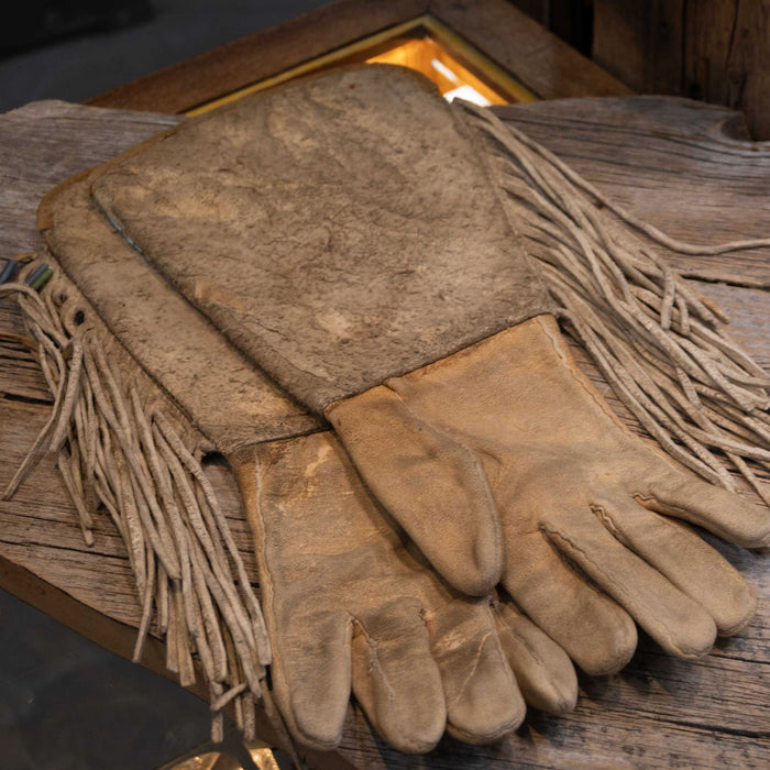 Early 1910 Beaded Gauntlets with Traditional Rose Motiff Brain tanned leather with great fringe