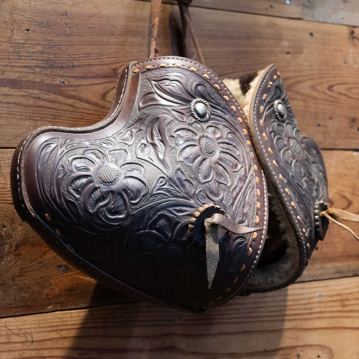 Vintage Tooled Tapaderos w/ Wool Lined Wooden Stirrups  - Great Vintage Cond.