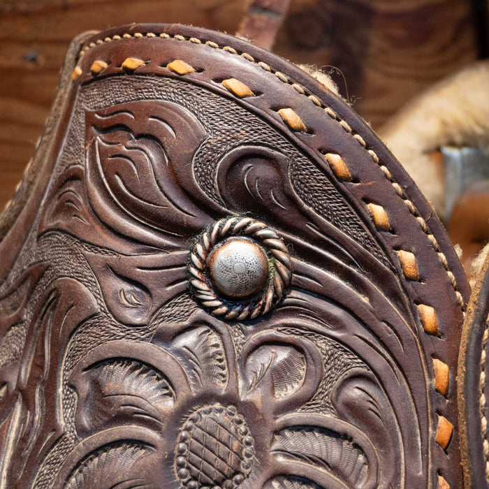 Vintage Tooled Tapaderos w/ Wool Lined Wooden Stirrups  - Great Vintage Cond.