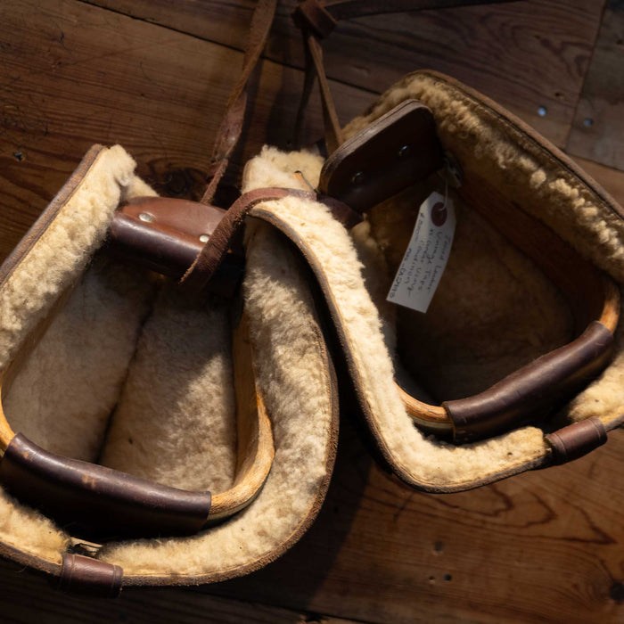 Vintage Tooled Tapaderos w/ Wool Lined Wooden Stirrups  - Great Vintage Cond.