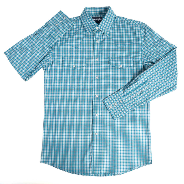 Wrangler Men's Wrinkle Resistant Teal Plaid Pearl Snap Shirt