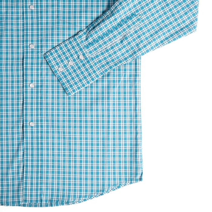 Wrangler Men's Wrinkle Resistant Teal Plaid Pearl Snap Shirt