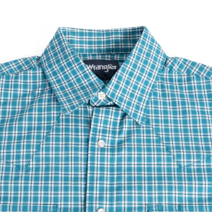 Wrangler Men's Wrinkle Resistant Teal Plaid Pearl Snap Shirt