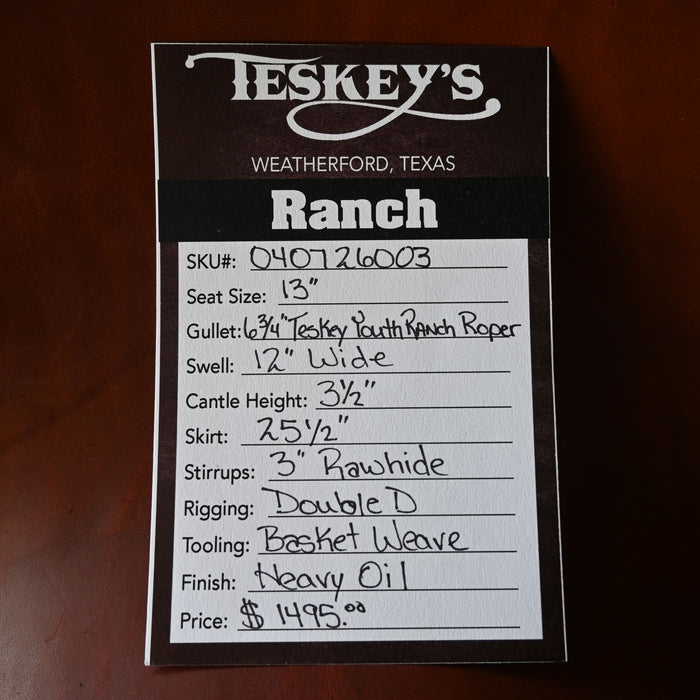 13" TESKEY'S YOUTH RANCH ROPER SADDLE Saddles - New Teskey's Saddlery