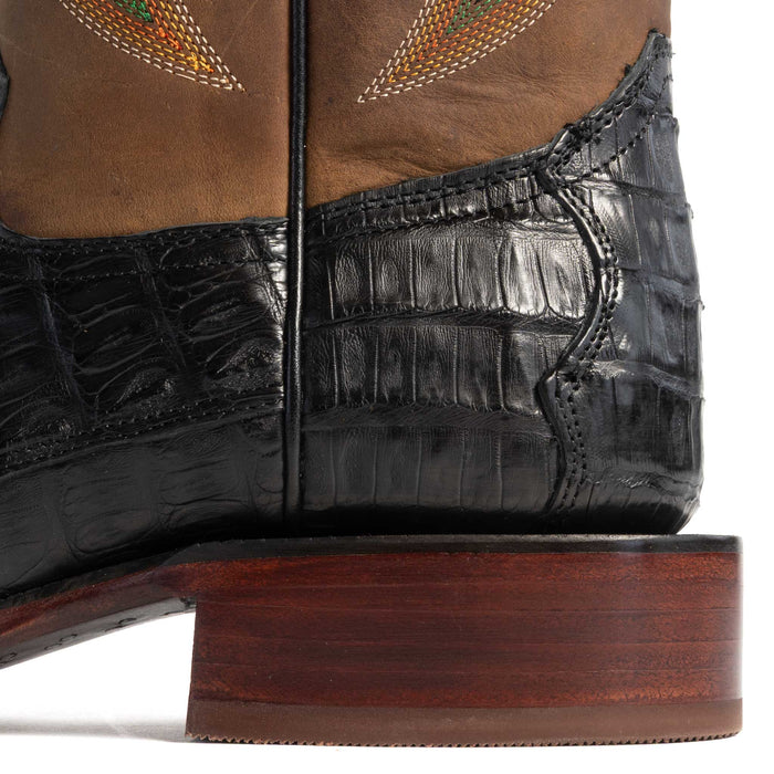 R. Watson Square Toe Black Caiman Tail Western Boot
