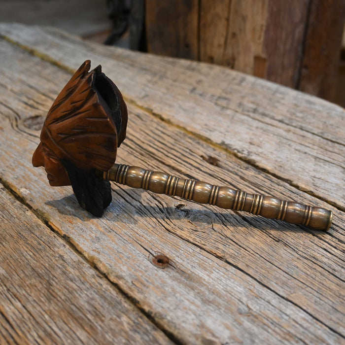 Hand Carved Wood Indian Head Pipe w/Brass Stem Collectibles misc