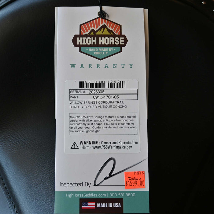 17" HIGH HORSE WILLOW SPRINGS CORDURA TRAIL SADDLE