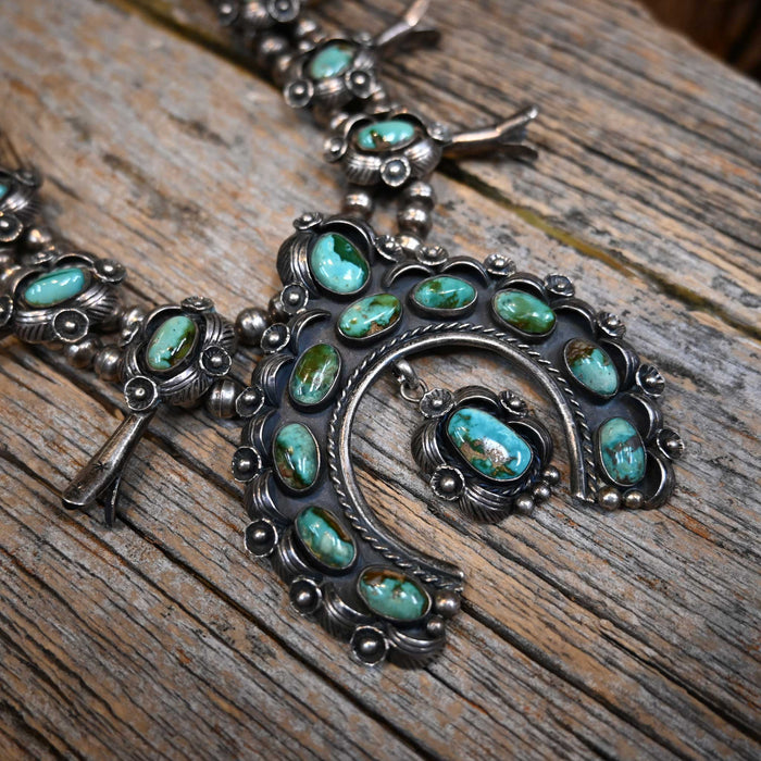 1960's Sterling Silver Turquoise Stones Squash Blossom Florets Necklace Collectibles MISC