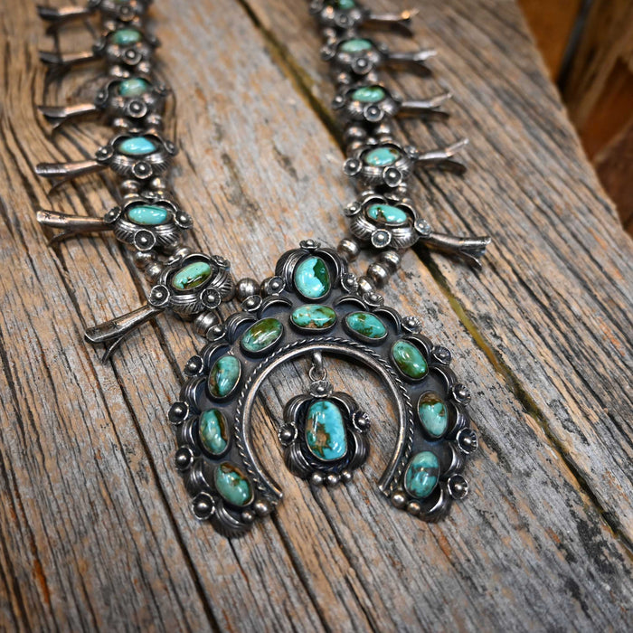 1960's Sterling Silver Turquoise Stones Squash Blossom Florets Necklace Collectibles MISC