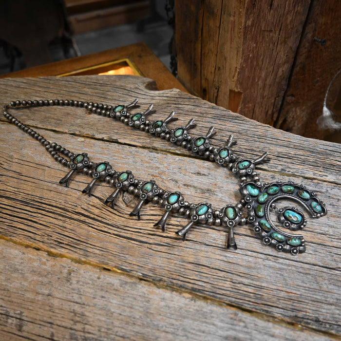 1960's Sterling Silver Turquoise Stones Squash Blossom Florets Necklace Collectibles MISC