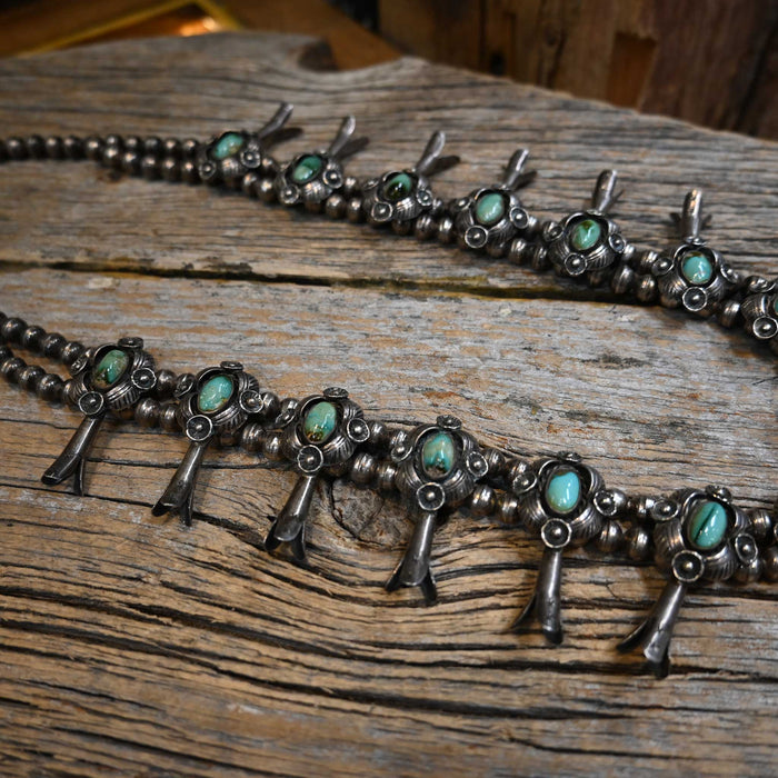 1960's Sterling Silver Turquoise Stones Squash Blossom Florets Necklace Collectibles MISC