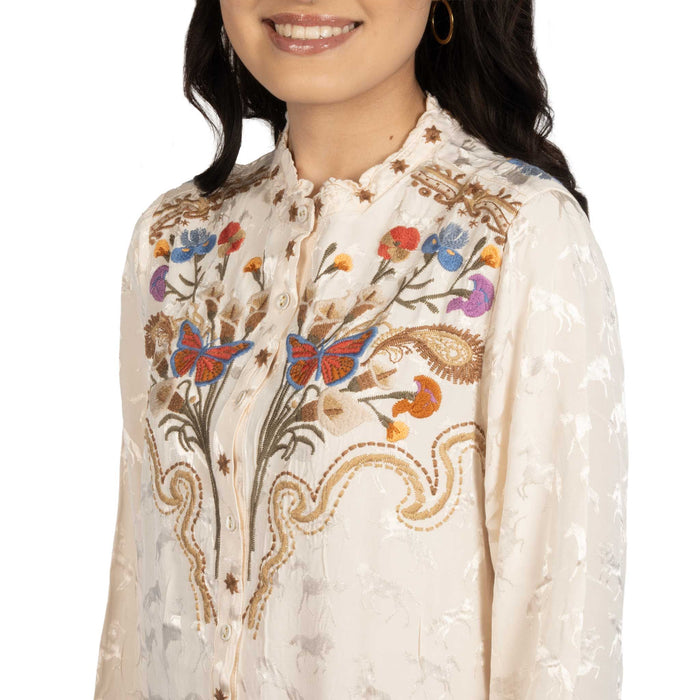 Johnny Was Ecru Durango Ruffle Neck Top