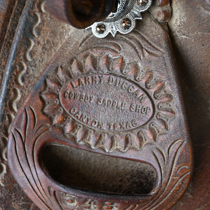 15.5" USED LARRY DUGGAN TEAM ROPING SADDLE
