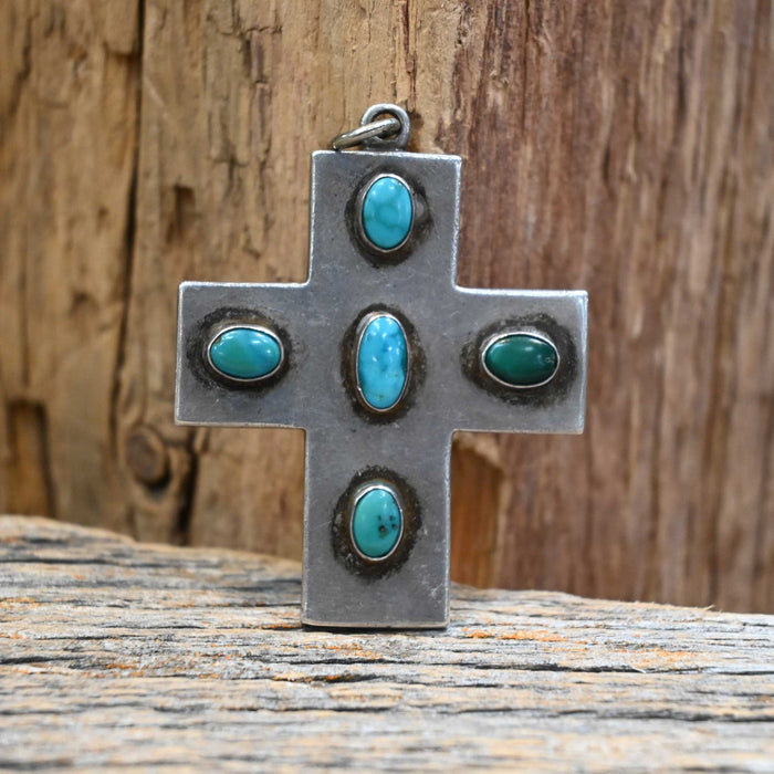 Vintage Sterling Silver Cross Pendant w/Turquoise Stones