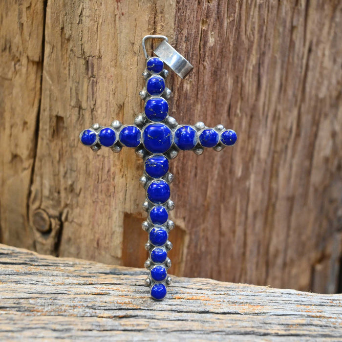 Vintage Sterling Silver Cross Pendant w/Lapis Lazili Stones