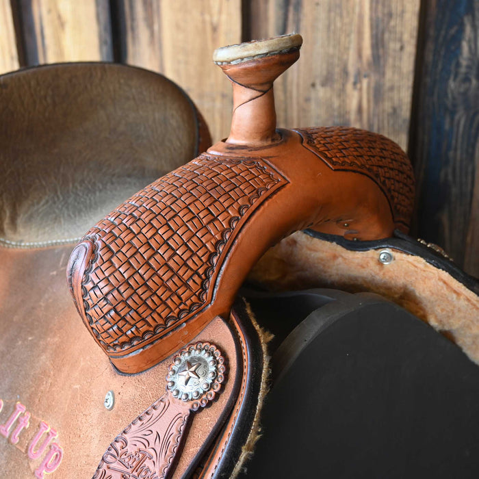 14.5" USED SCOTT THOMAS TEAM ROPING TROPHY SADDLE