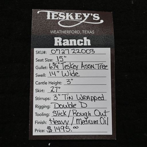 15" TESKEY'S RANCH ASSOCIATION SADDLE Saddles - New Teskey's Saddlery
