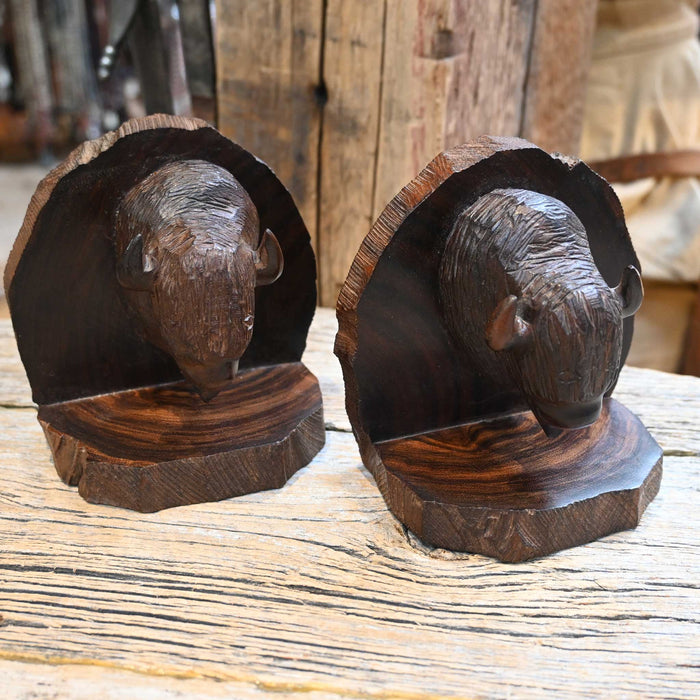 Vintage Blackwood Carved Buffalo Bookends Collectibles MISC