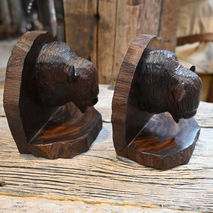 Vintage Blackwood Carved Buffalo Bookends Collectibles MISC