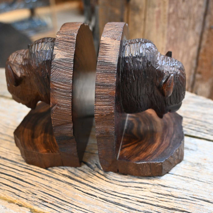 Vintage Blackwood Carved Buffalo Bookends Collectibles MISC