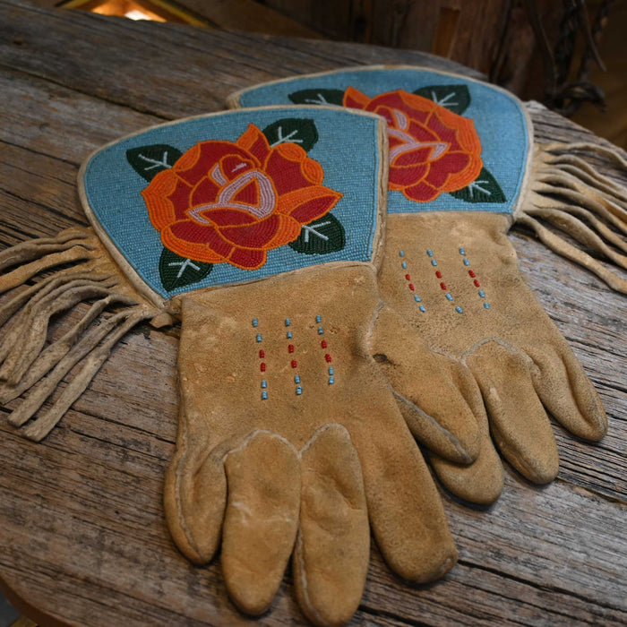 Vintage 1950 Leather beaded gauntlets with bright colored flower