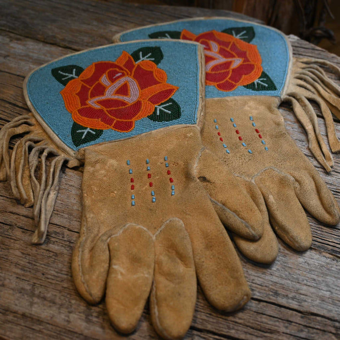 Vintage 1950 Leather beaded gauntlets with bright colored flower