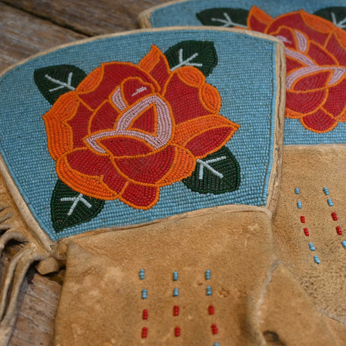 Vintage 1950 Leather beaded gauntlets with bright colored flower