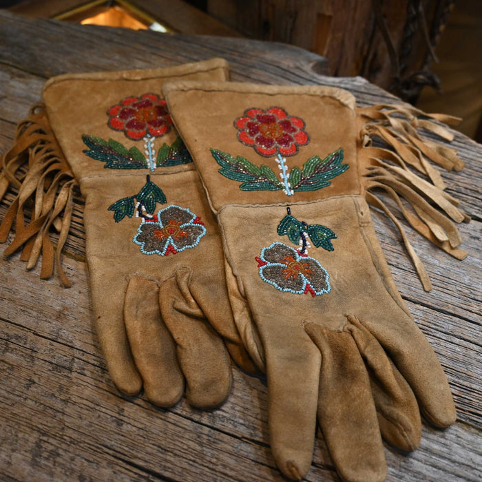 40's Leather beaded gauntlets with bright colored flowers