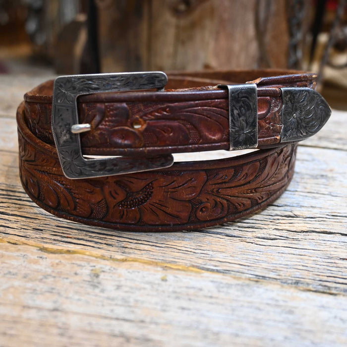 1940's - 50's  Leather Belt w/Sterling Silver Ranger set Buckle