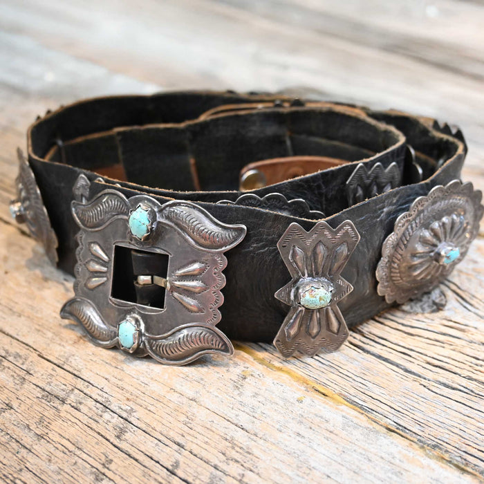 Antique Concho Belt Size 34" Sterling Silver & Turquoise