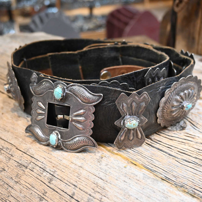 Antique Concho Belt Size 34" Sterling Silver & Turquoise