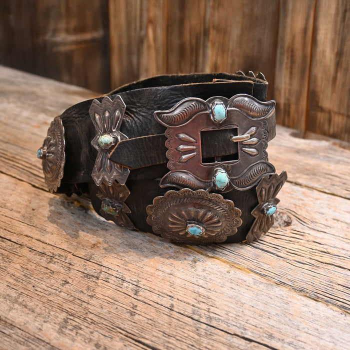 Antique Concho Belt Size 34" Sterling Silver & Turquoise