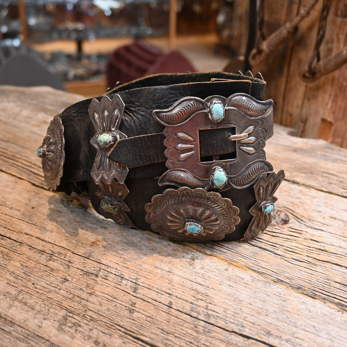 Antique Concho Belt Size 34" Sterling Silver & Turquoise