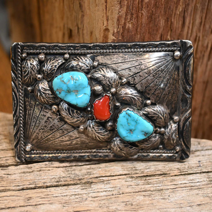 1970's SS Navajo Belt Buckle w/ 2 nice stones & Coral