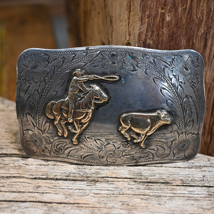 50's Sterling Silver & 10K Gold overlay Steer Roping Buckle