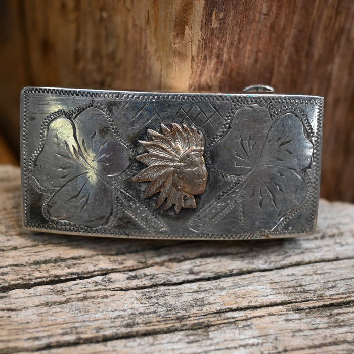 Sterling Silver Brass Indian Chief w/ 2 Clovers Box Buckle Collectibles Misc