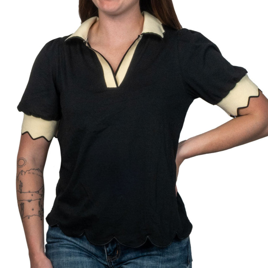 Collared V-Neck Puff Sleeve Top