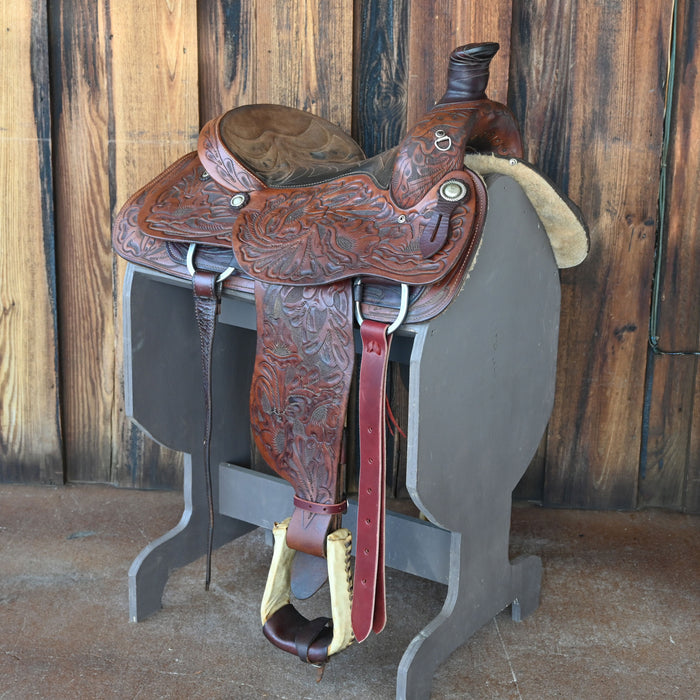 15" USED OZARK LEATHER TEAM ROPING SADDLE