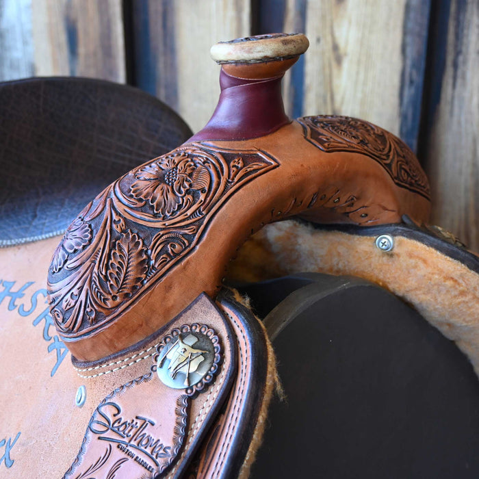 14" USED SCOTT THOMAS TEAM ROPING TROPHY SADDLE