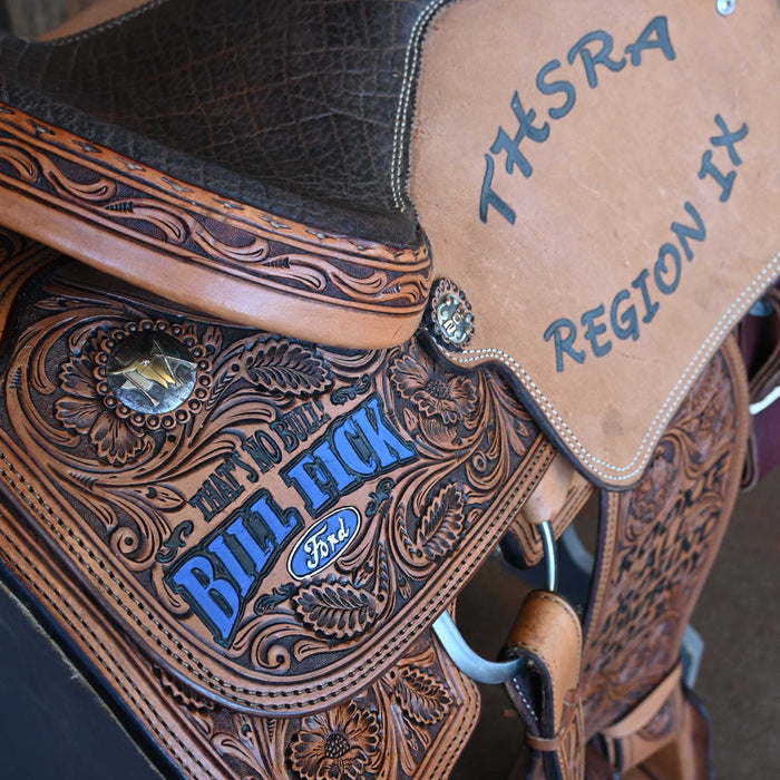 14" USED SCOTT THOMAS TEAM ROPING TROPHY SADDLE