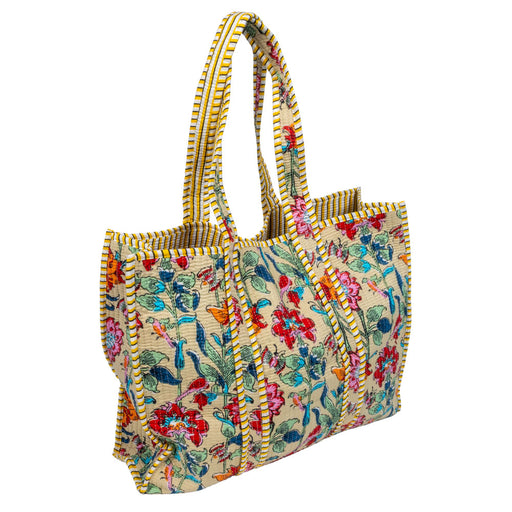Quilted Cotton Tote - Cream Pink/Orange Floral WOMEN - Accessories - Handbags - Shoulder Bags Bhawana Handicrafts