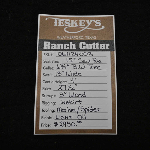 15" TESKEY'S RANCH CUTTER SADDLE Saddles - New Teskey's Saddlery
