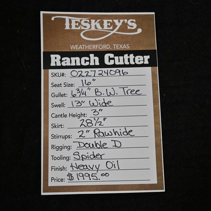 16" TESKEY'S RANCH CUTTER SADDLE Saddles - New Teskey's Saddlery