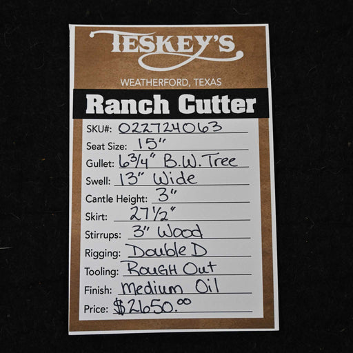 15" TESKEY'S PRO CUTTER RANCH CUTTER SADDLE Saddles - New Teskey's Saddlery